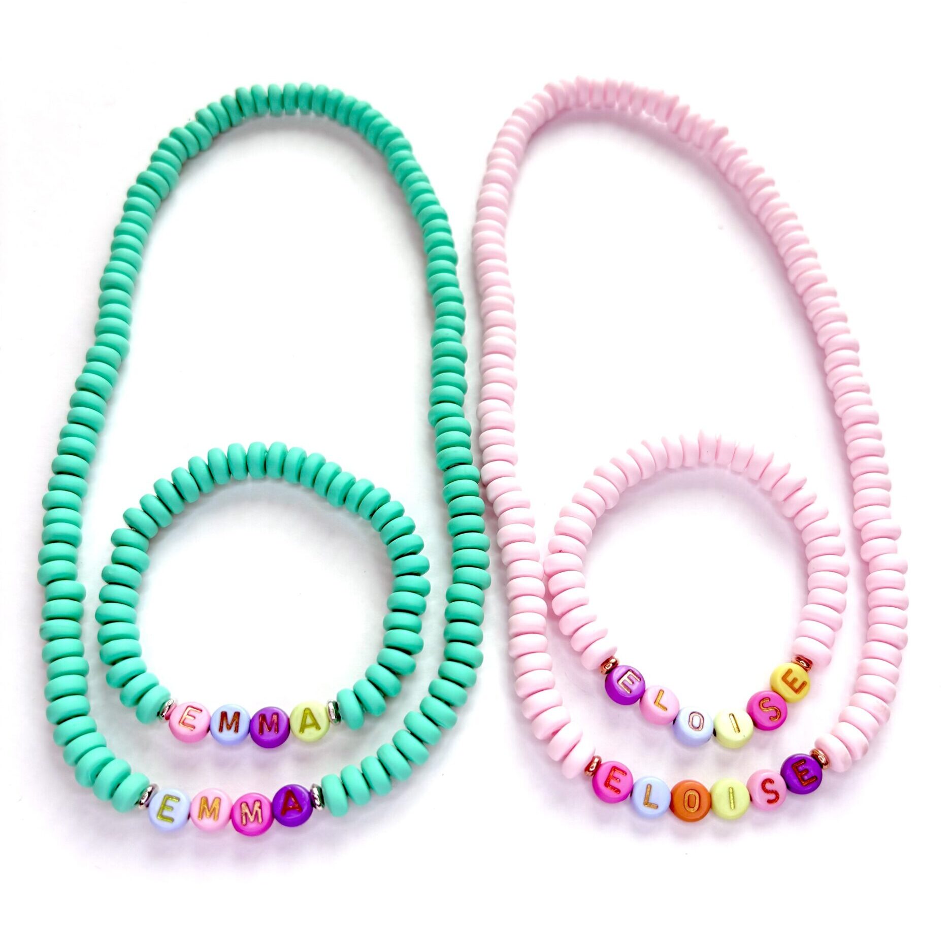Sweet Like Candy Personalised Kits Pink and green personalised beaded necklace and bracelet sets