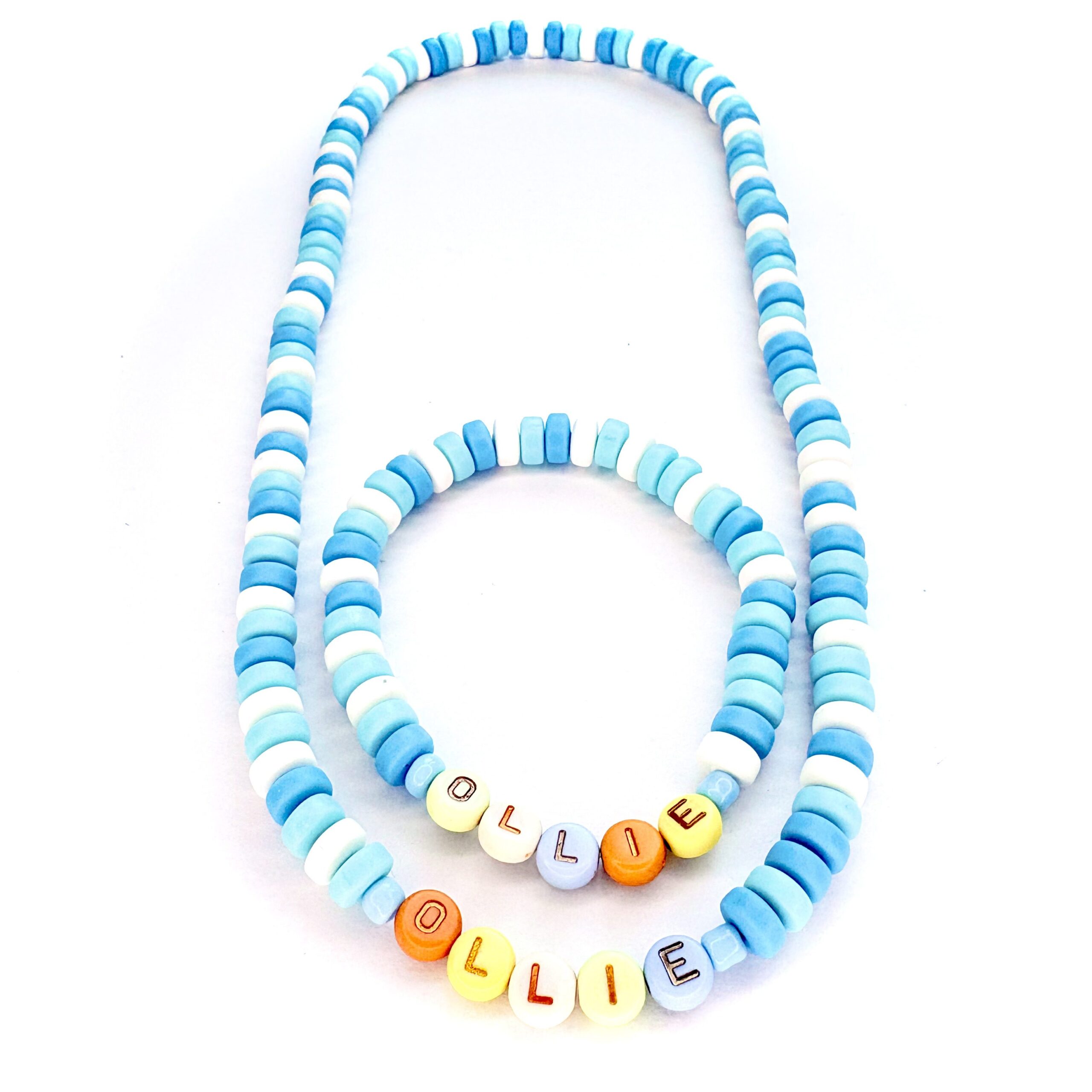 Sprinkles Personalised Kit Personalised necklace and bracelet set in blue and white beads