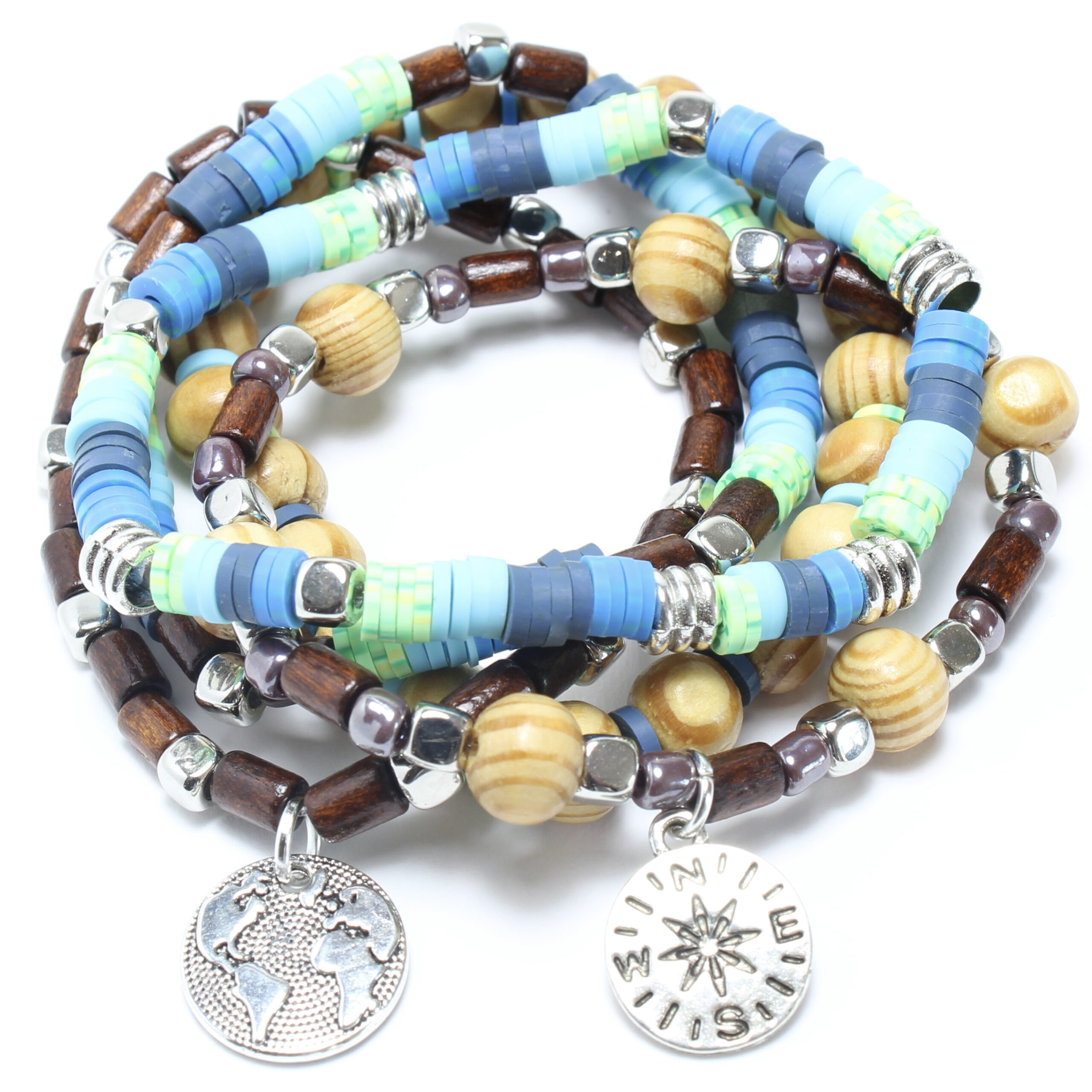 Explorer Stack Bracelet Kit A bundle of five beaded bracelets in blue and brown colours with silver world and compass charms