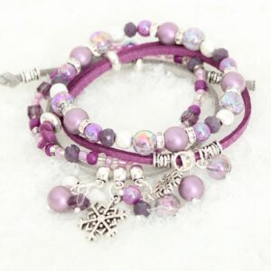 Group of four purple and silver cord and beaded bracelets with silver snowflake charms