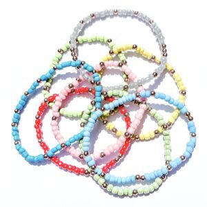 A bundle of colourful stretchy seed bead bracelets